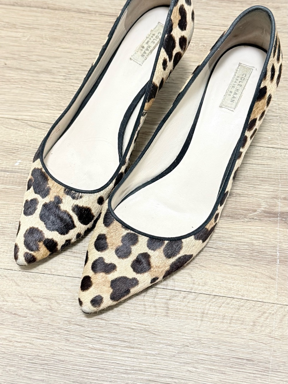 Cole Haan Leopard Haircalf Pointed Toe Flats - Tan & Black